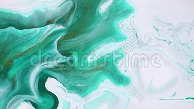 流体艺术绘画视频，抽象的丙烯纹理与五颜六色的波浪。 液体油漆混合背景与飞溅和漩涡